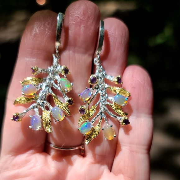 FIRE Opals 🔥 & Amethyst sterling fern earrings - Picture 6 of 7
